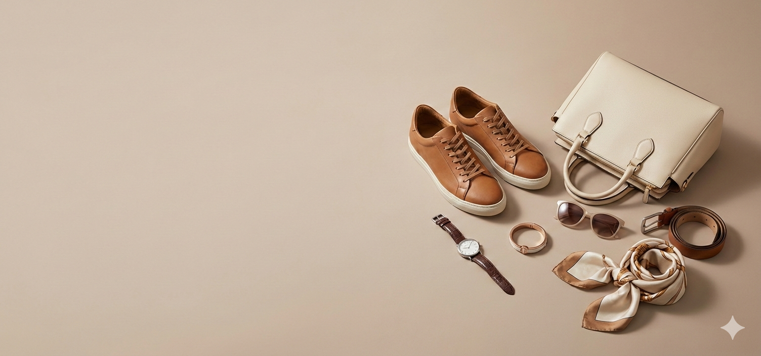 Collection of brown shoes, handbag, watch, sunglasses, and scarf on a beige background