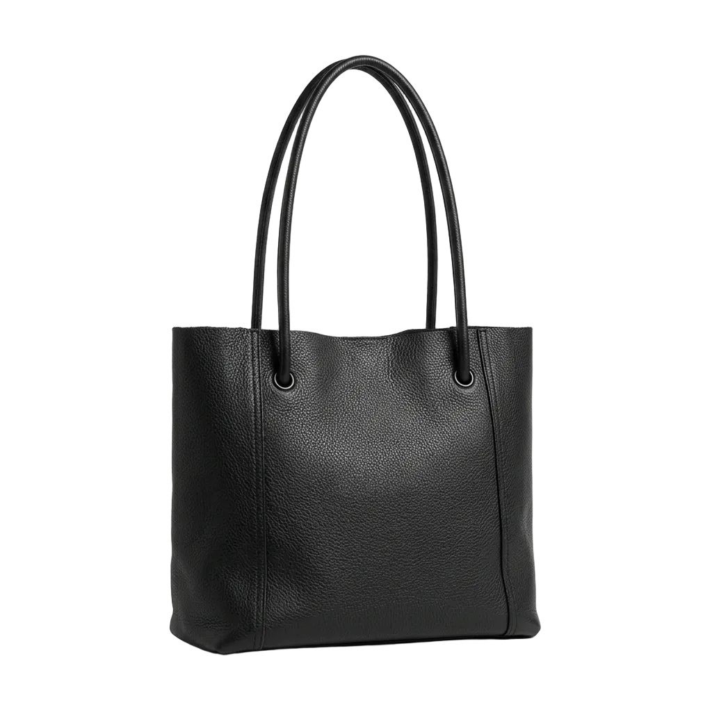 Black leather tote bag on a light gray background