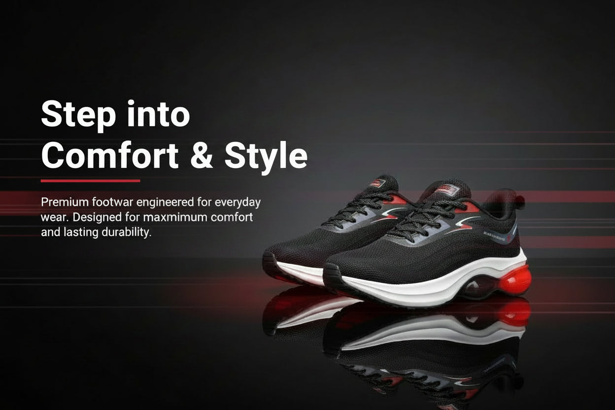 Black and red athletic shoes on a white and brown background