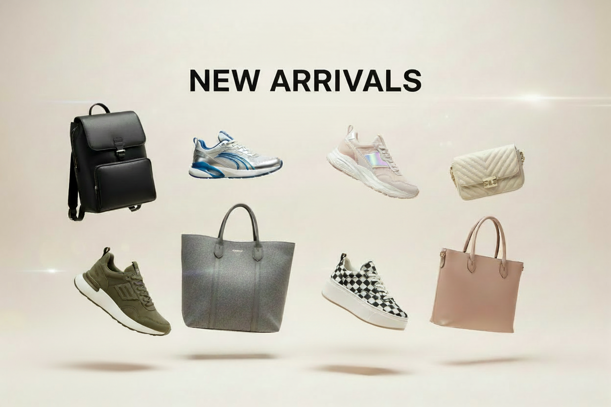 new arrivals advertisement with shoes and bags on a light background
