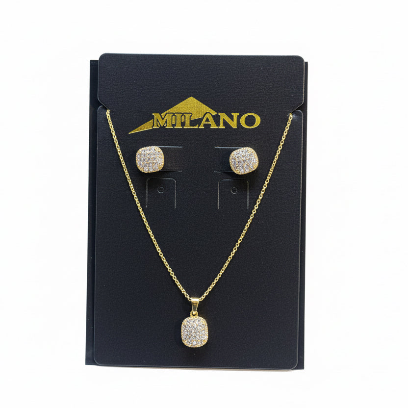 Jewelry set with necklace and earrings on a Milano branded card