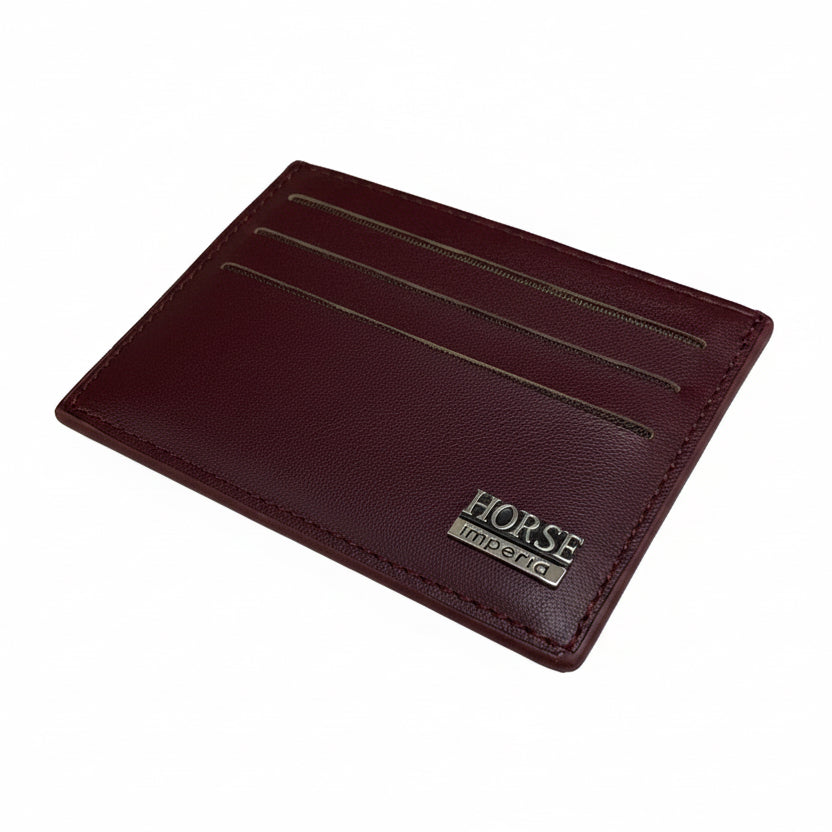 Brown leather cardholder with 'Horse' branding on a white background