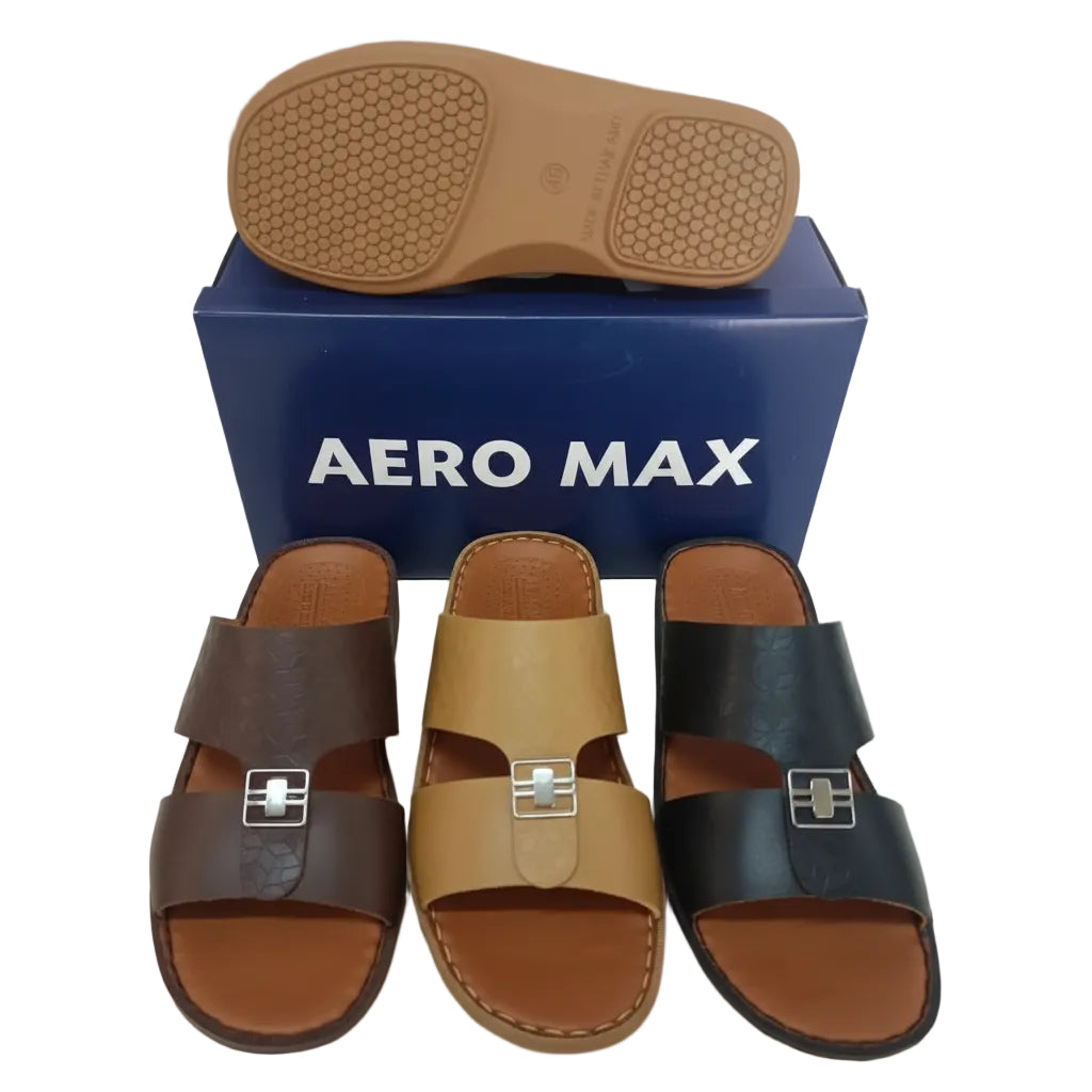Three pairs of sandals in brown, tan, and black with a blue 'Aero Max' box in the background.