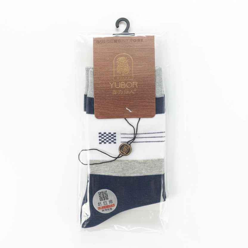 Packaged socks with brand label in a store setting