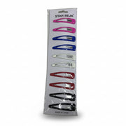 Packaged set of colorful hair clips on a white surface with 'Star Bela' branding.