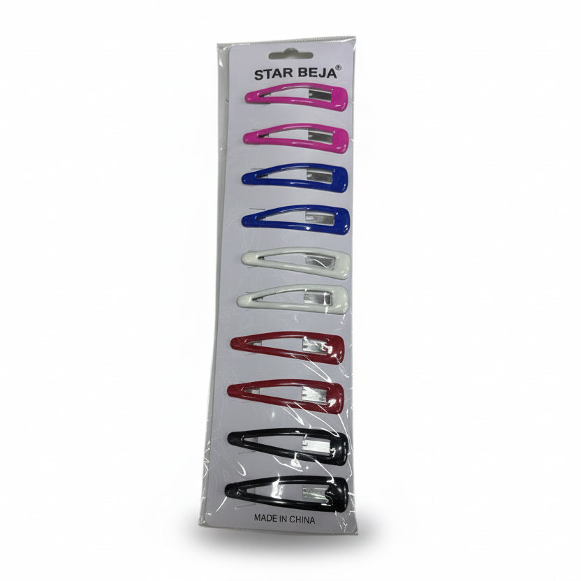 Packaged set of colorful hair clips on a white surface with 'Star Bela' branding.
