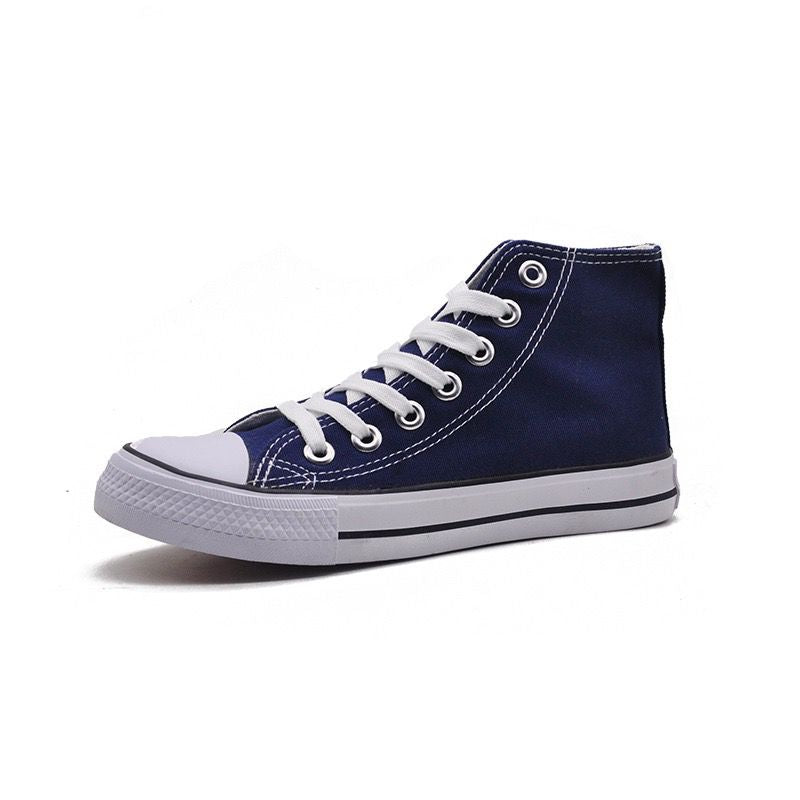 Navy blue high-top sneaker with white laces on a white background