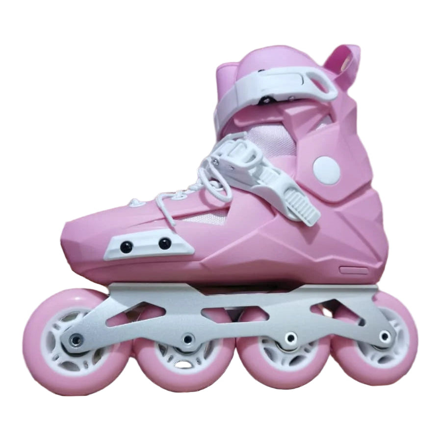 Pink and white roller skates on a wooden surface