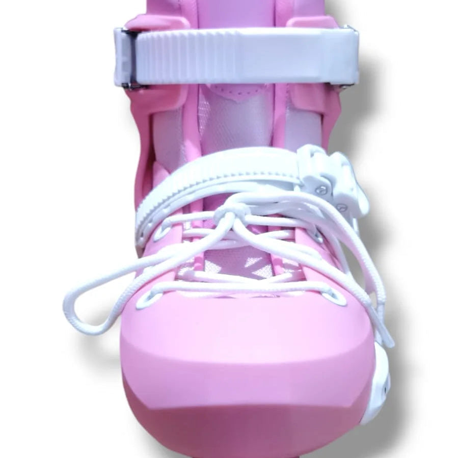 Pink roller skates with white laces on a white background
