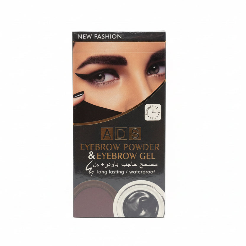 ADS Eyebrow Powder & Gel packaging with a close-up of an eye and eyebrow.