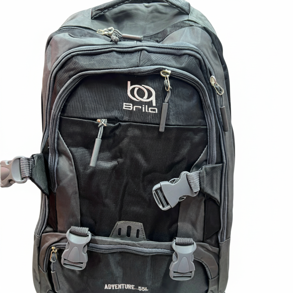 Gray and black backpack with visible branding on a light gray background