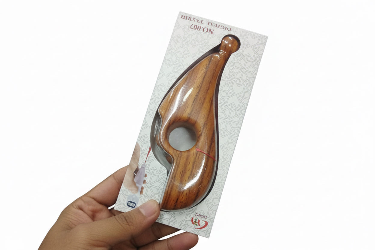 Wooden product on packaging held by a hand against a white background