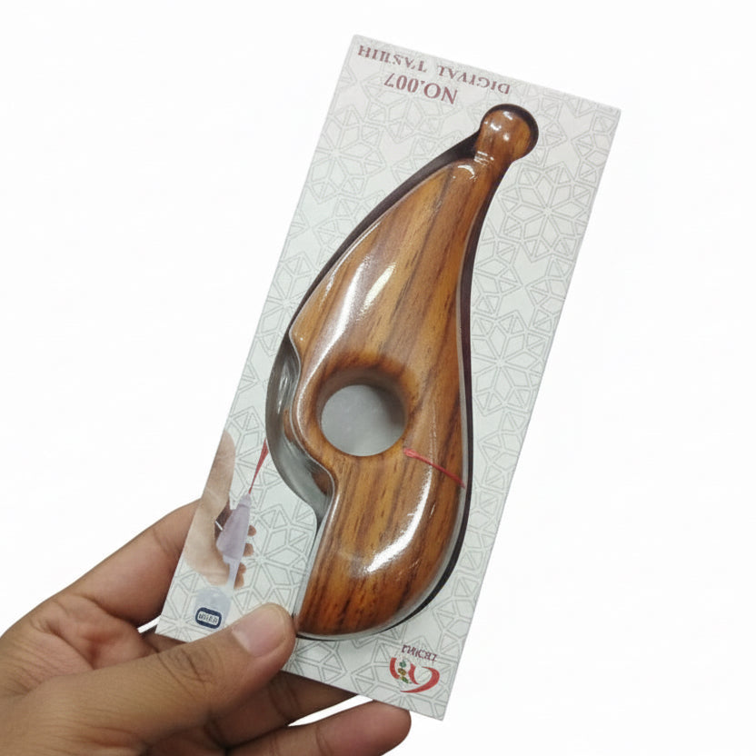 Wooden product on packaging held by a hand against a white background