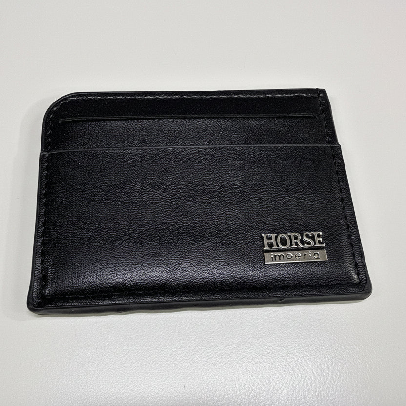 Black leather wallet with a visible brand logo on a light gray background