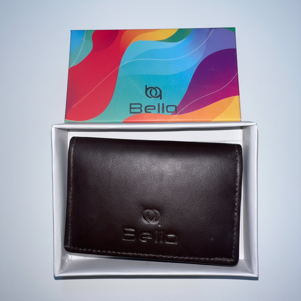 A black card holder wallet with the brand name 'Bella' embossed on the bottom right. It is presented in a white box with the brand logo 'Bella' on the top left corner.