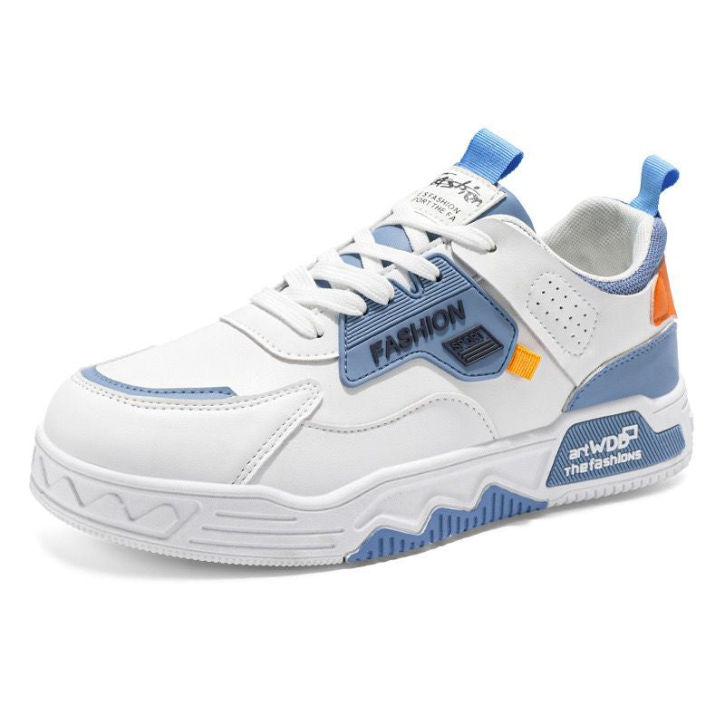 White sneaker with blue accents and 'Fashion' label on a white background