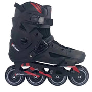 Black inline skate with red accents on a white background