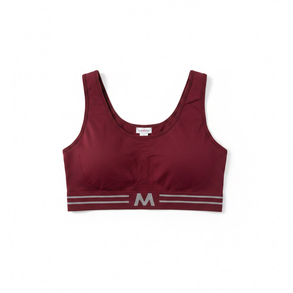 Maroon sports bra with 'M' logo on a white background