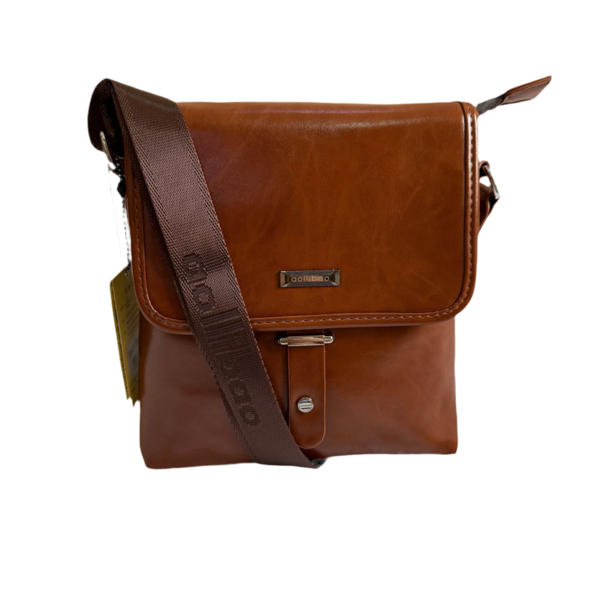 Brown leather crossbody bag on a white background