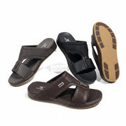 Three pairs of sandals in black, gray, and brown on a light gray background with visible brand logo.