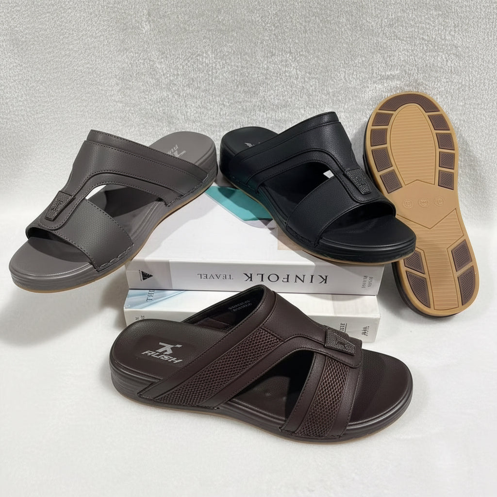 Three pairs of sandals in black, gray, and brown on a light gray background with visible brand logo.