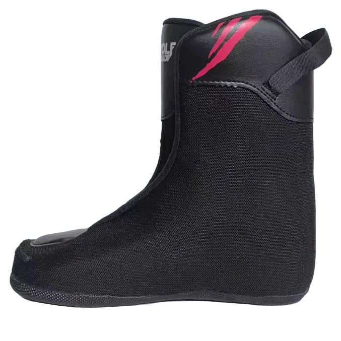 Black boot with red logo on a white background