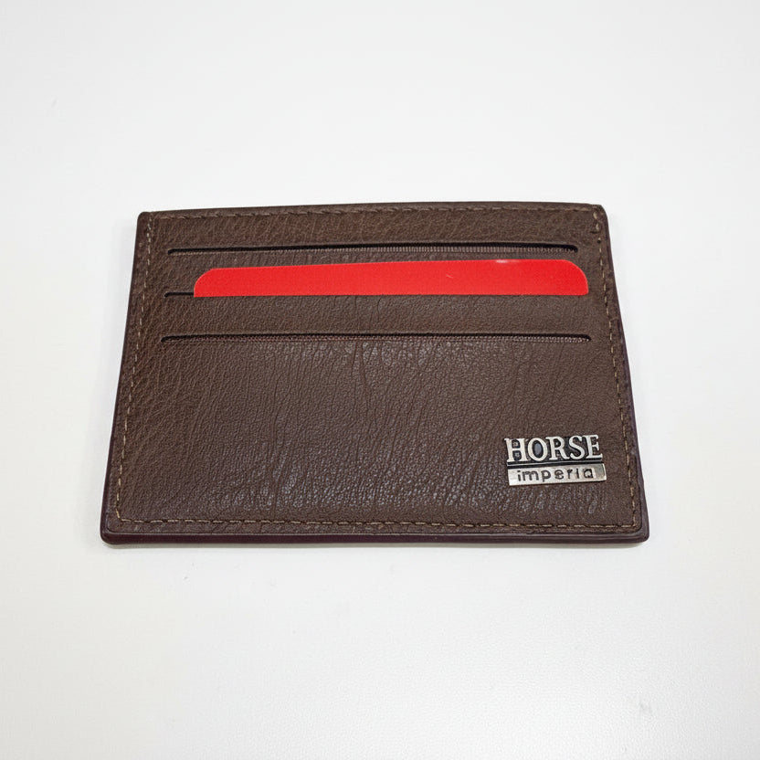Brown leather wallet with a red card holder on a white background