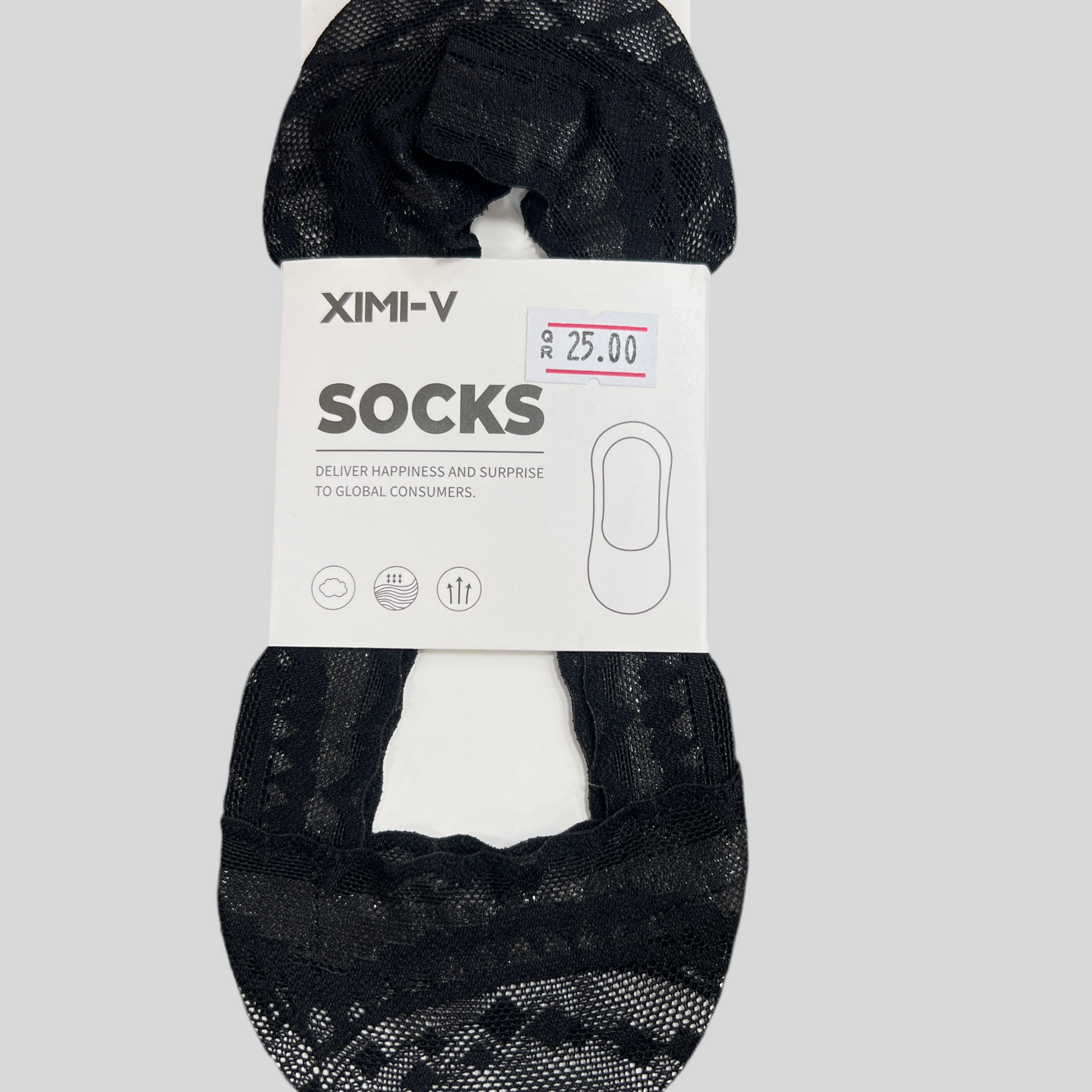 A packaged pair of women's invisible socks in black color, with the brand name 'XIMI-V' visible on the packaging.
