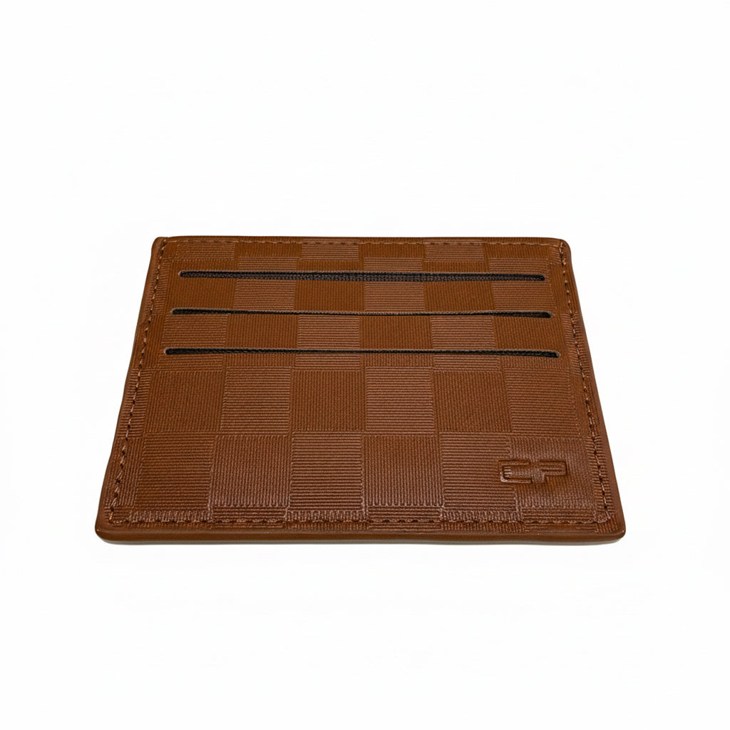 Brown checkered wallet on a light gray background