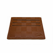 Brown checkered wallet on a light gray background