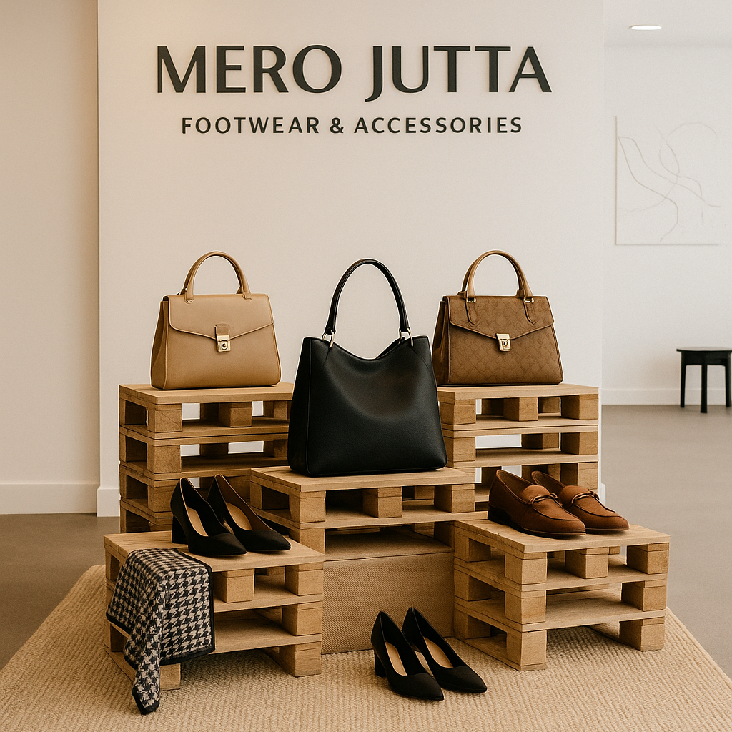 Display of handbags and shoes on wooden pallets with 'Mero Jutta' branding in the background.