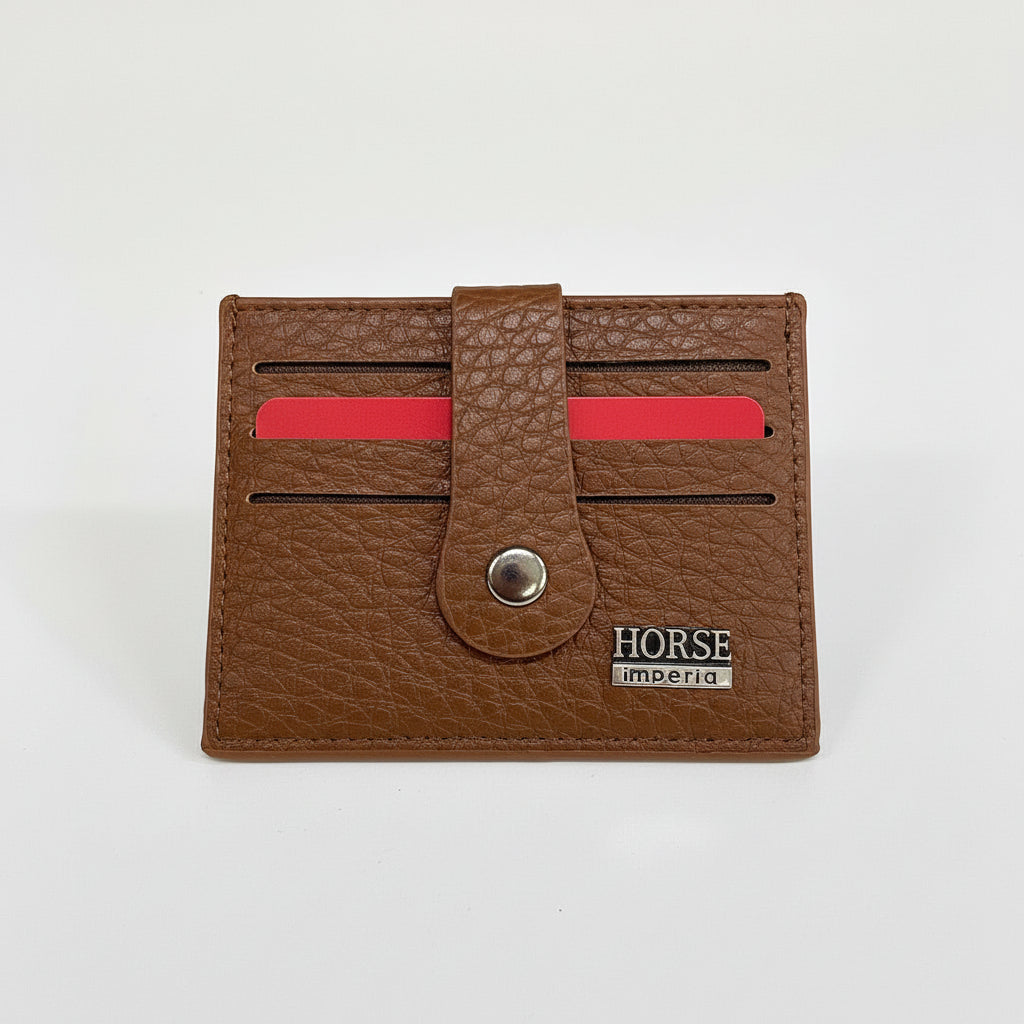 Brown leather wallet with a red strip and 'Horse' branding on a white background