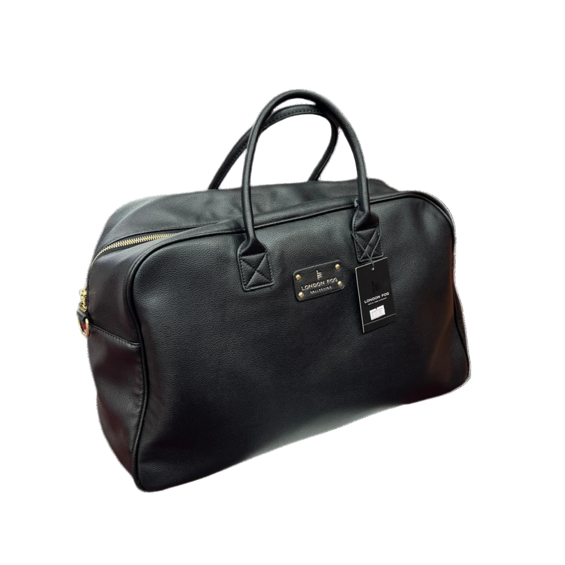 Black leather duffel bag with a visible brand tag on a white background
