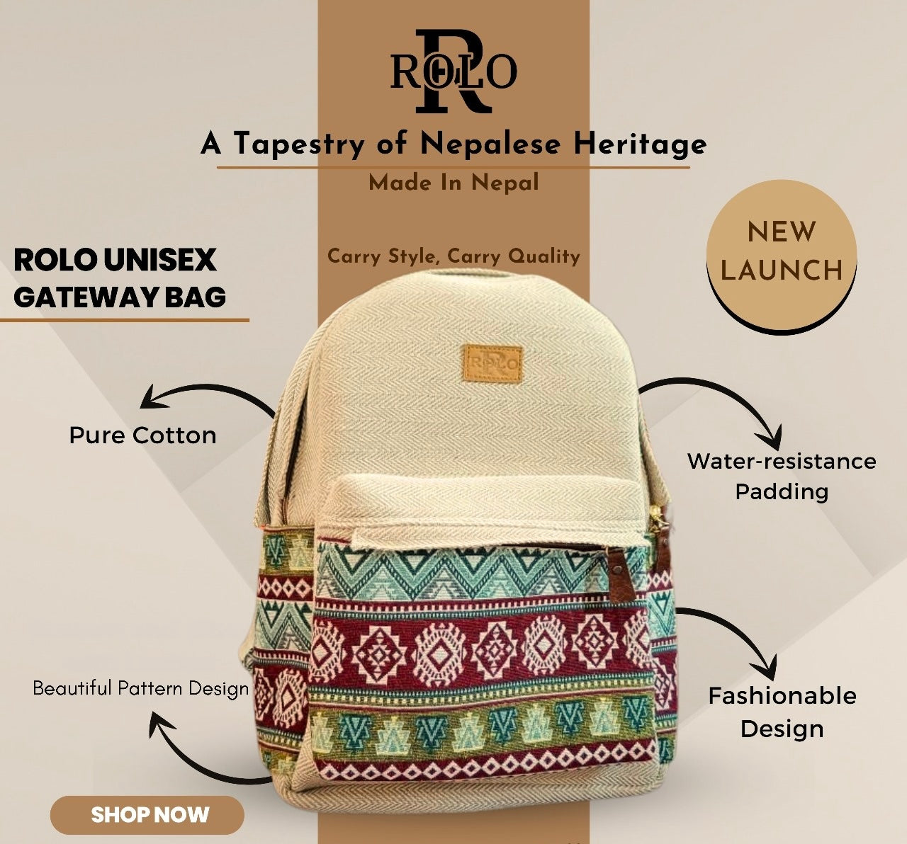Beige backpack with patterned design on a beige background, featuring Rolo branding.