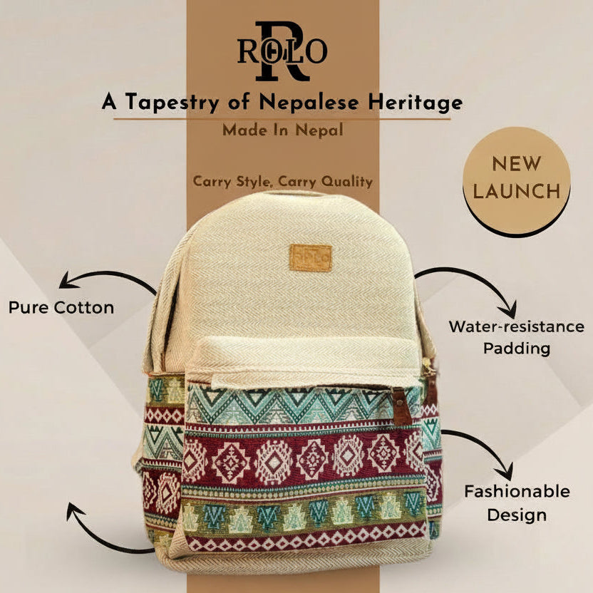 Beige backpack with patterned design on a beige background, featuring Rolo branding.