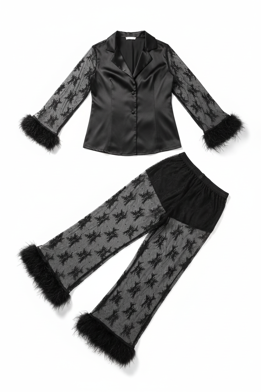 Noir Lace & Marabou-Trim Silk Satin Pajama Set