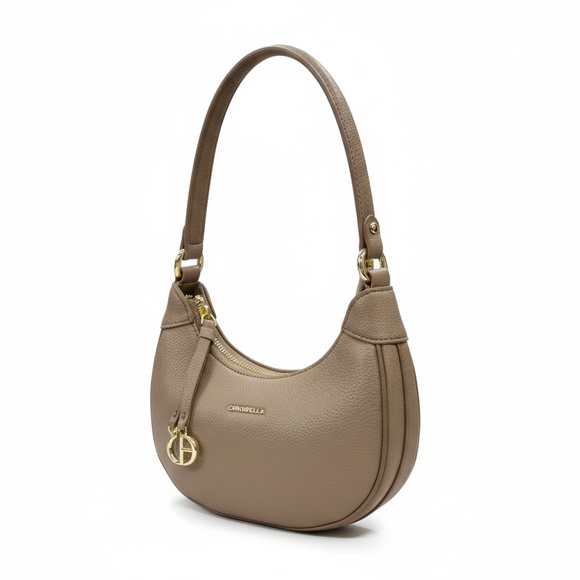 Beige handbag with gold accents on a white background
