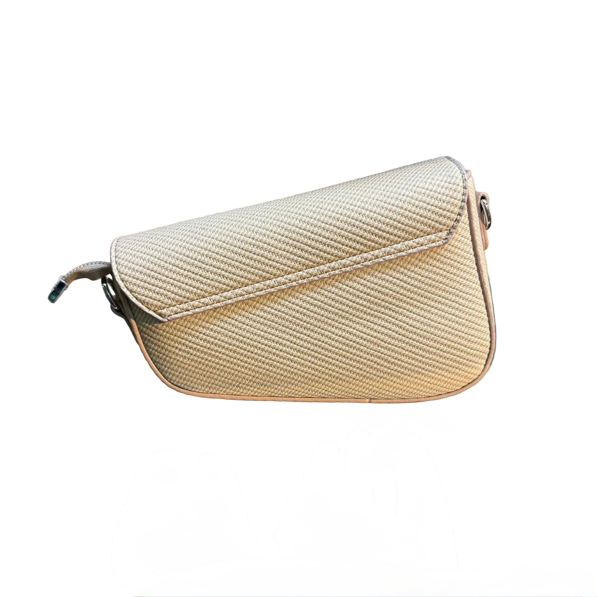 Beige woven handbag on a white background