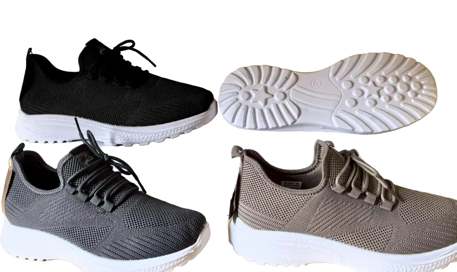 Three pairs of casual shoes in black, gray, and brown on a white background