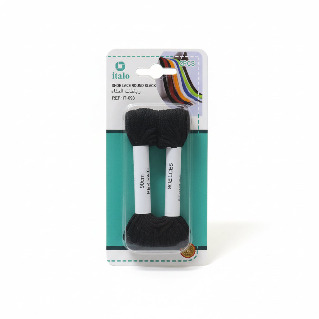 Packaged black shoelaces with white accents on a teal and white background
