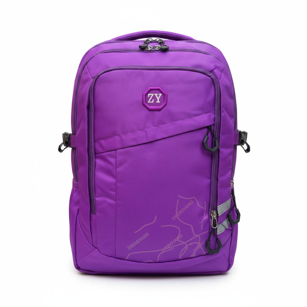 Purple backpack with a brand logo on a white background