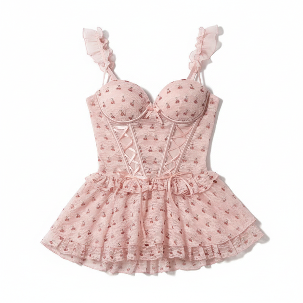 Pink Cherry Coquette Corset & Panty Set