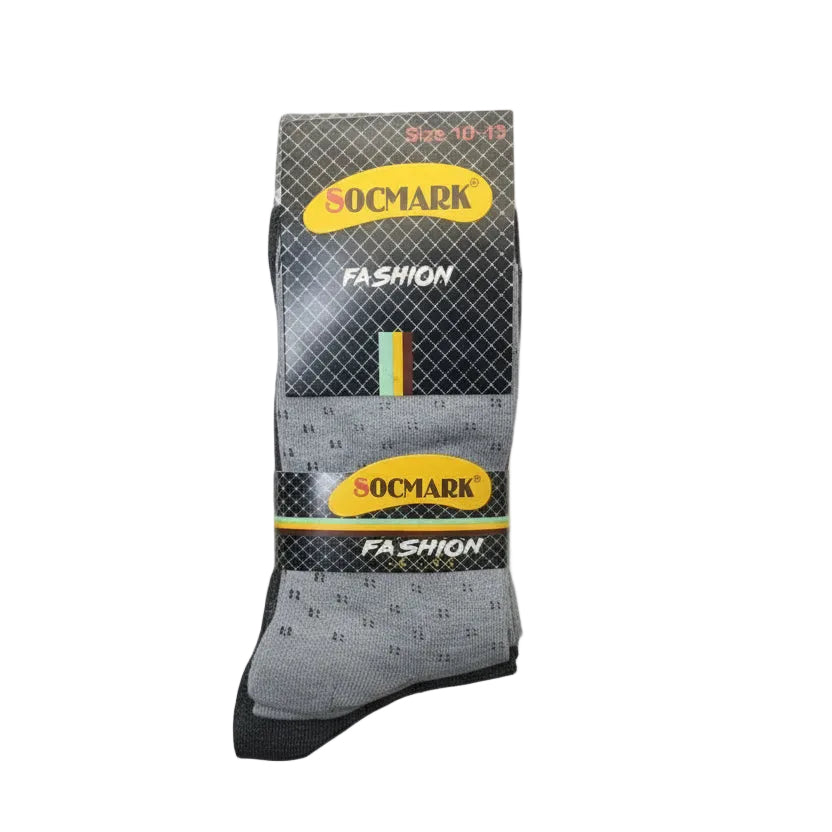 Gray sock with black pattern and yellow Socmark branding on a white background