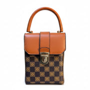 Brown handbag with checkered pattern on a white background