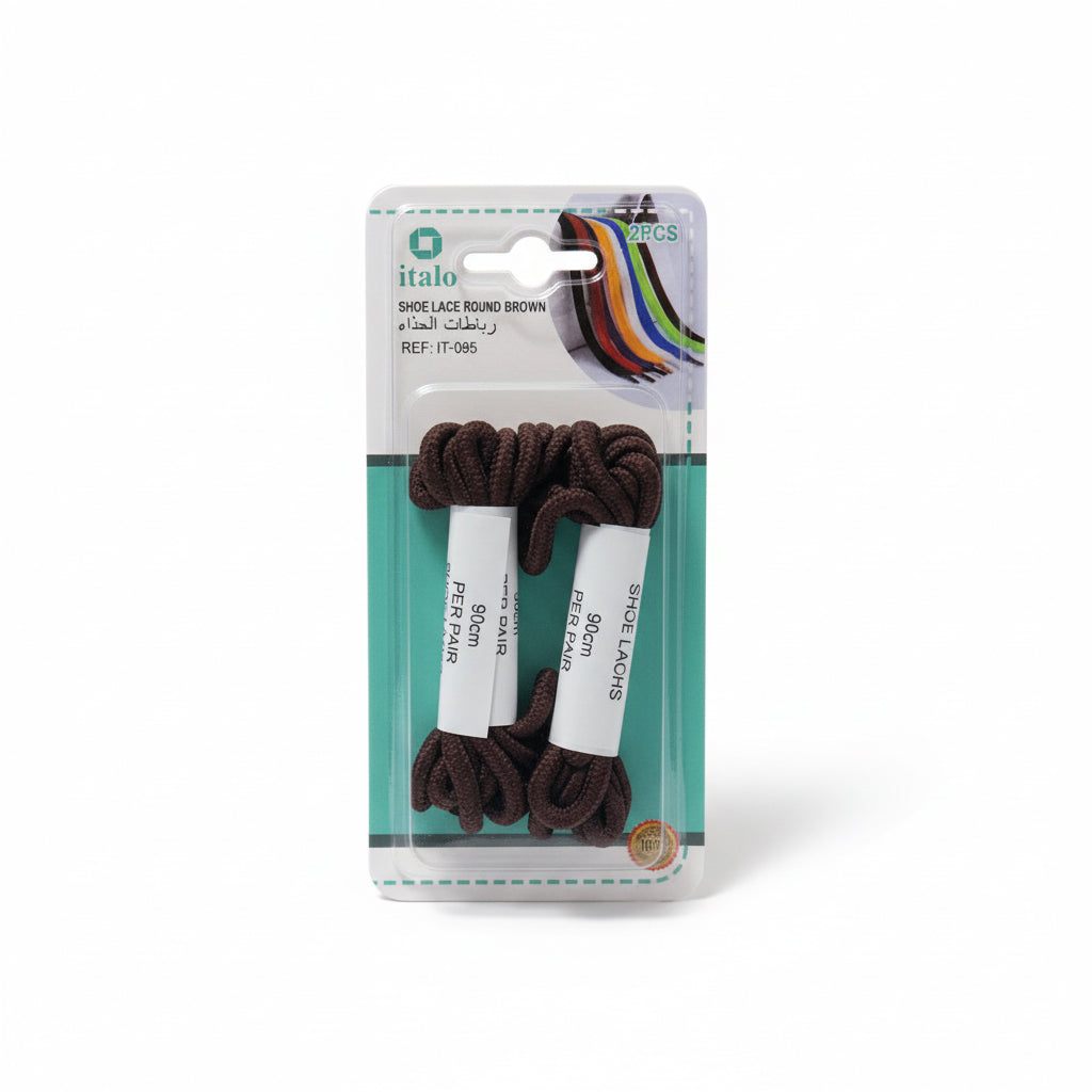 Packaged brown shoelaces with a visible brand label on a white background