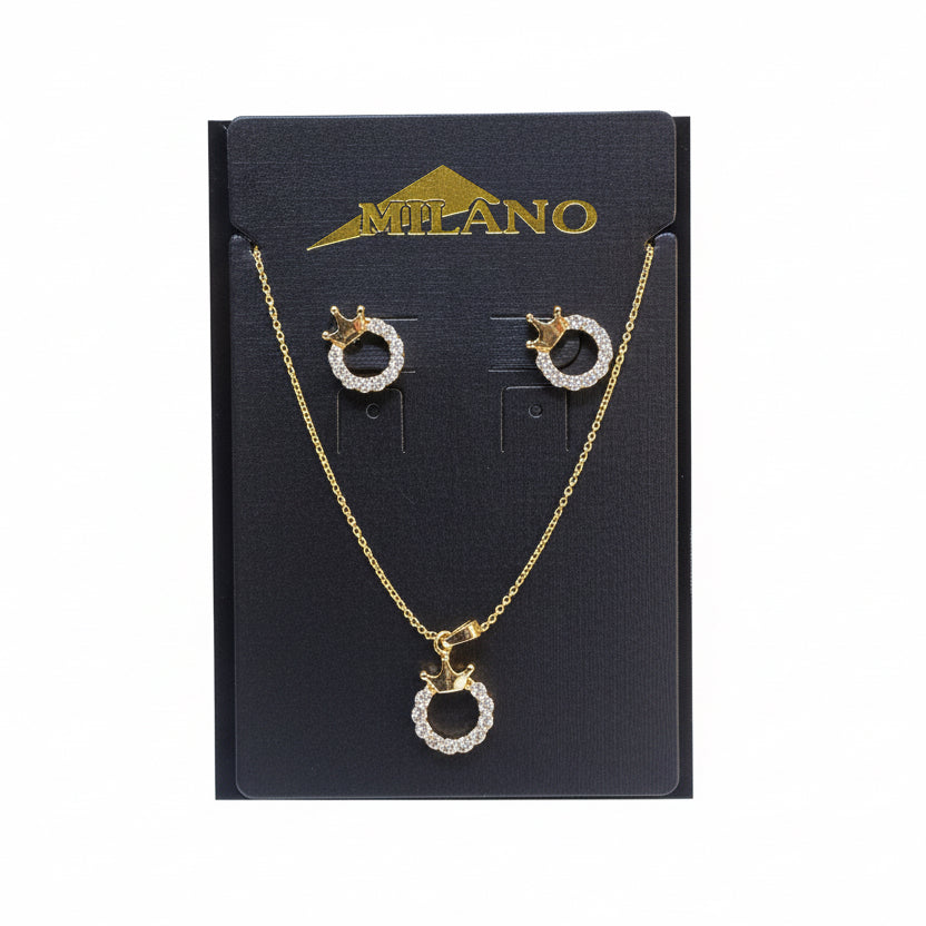 Jewelry set with necklace and earrings on a Milano branded card