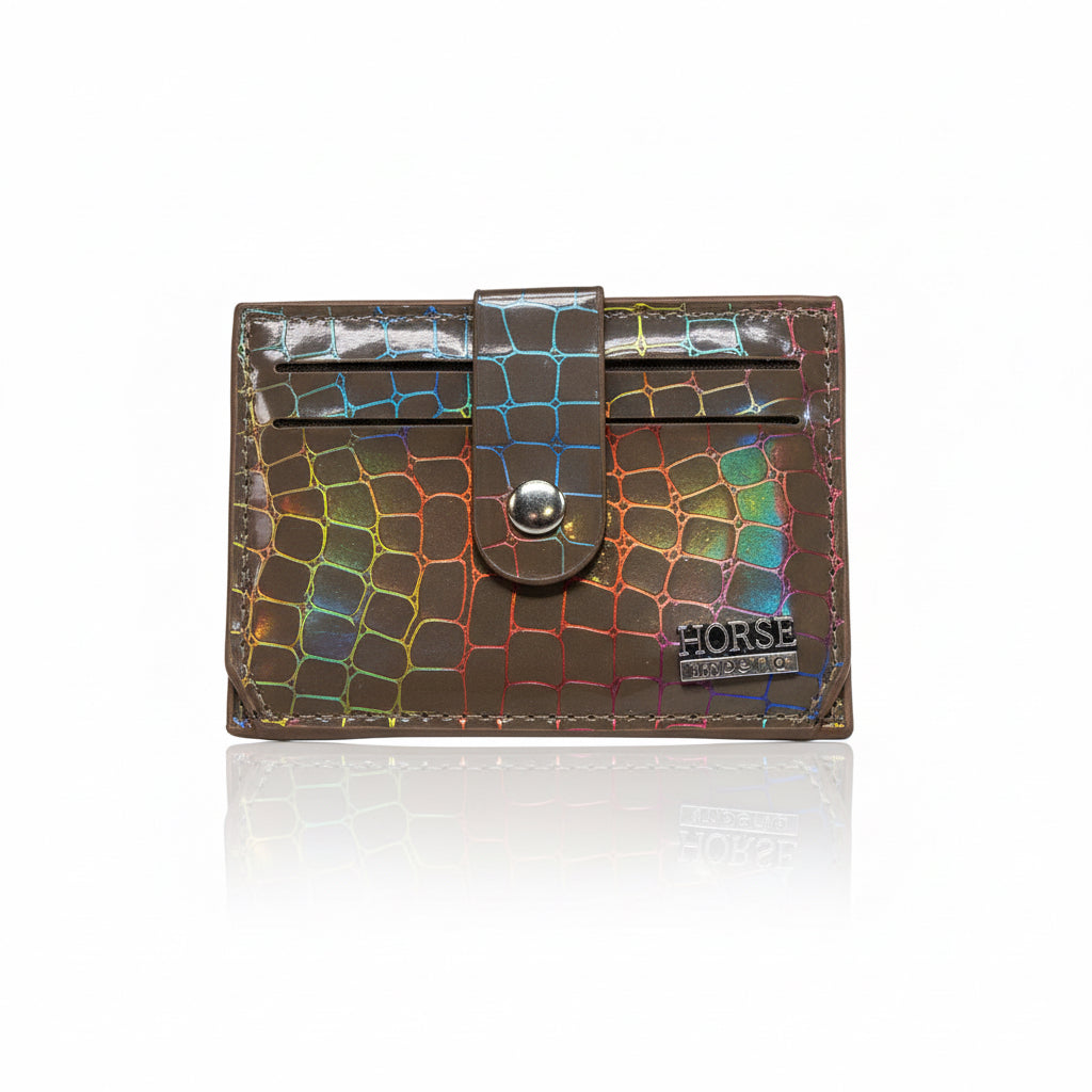 Multicolored textured wallet with a brand logo on a white background