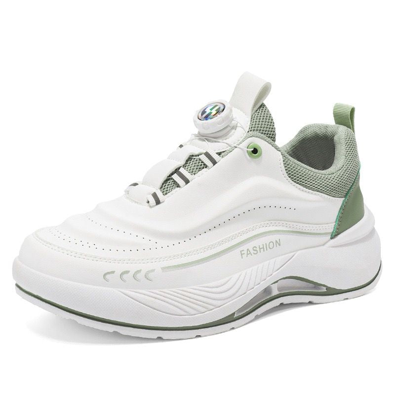 White and green sneaker with 'Fashion' text on a white background