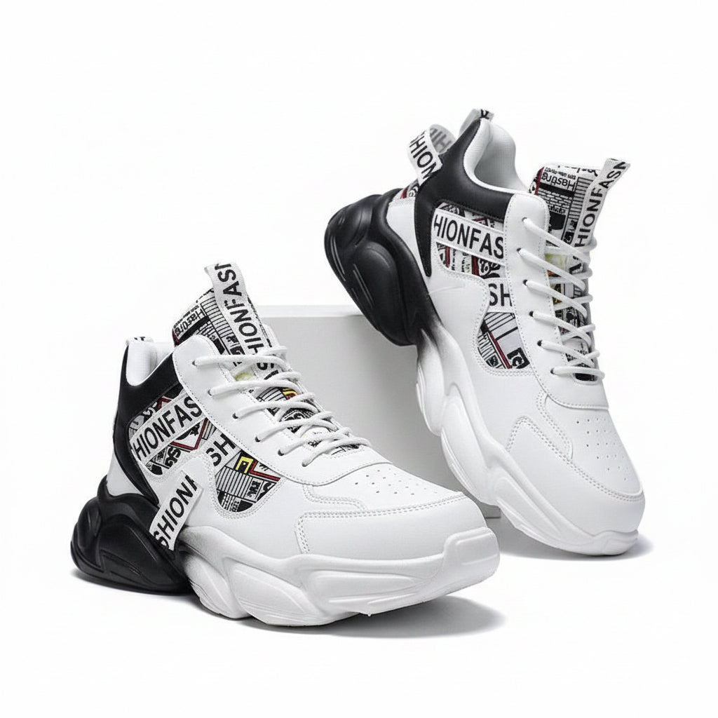 White and black sneakers with brand tags on a grid background