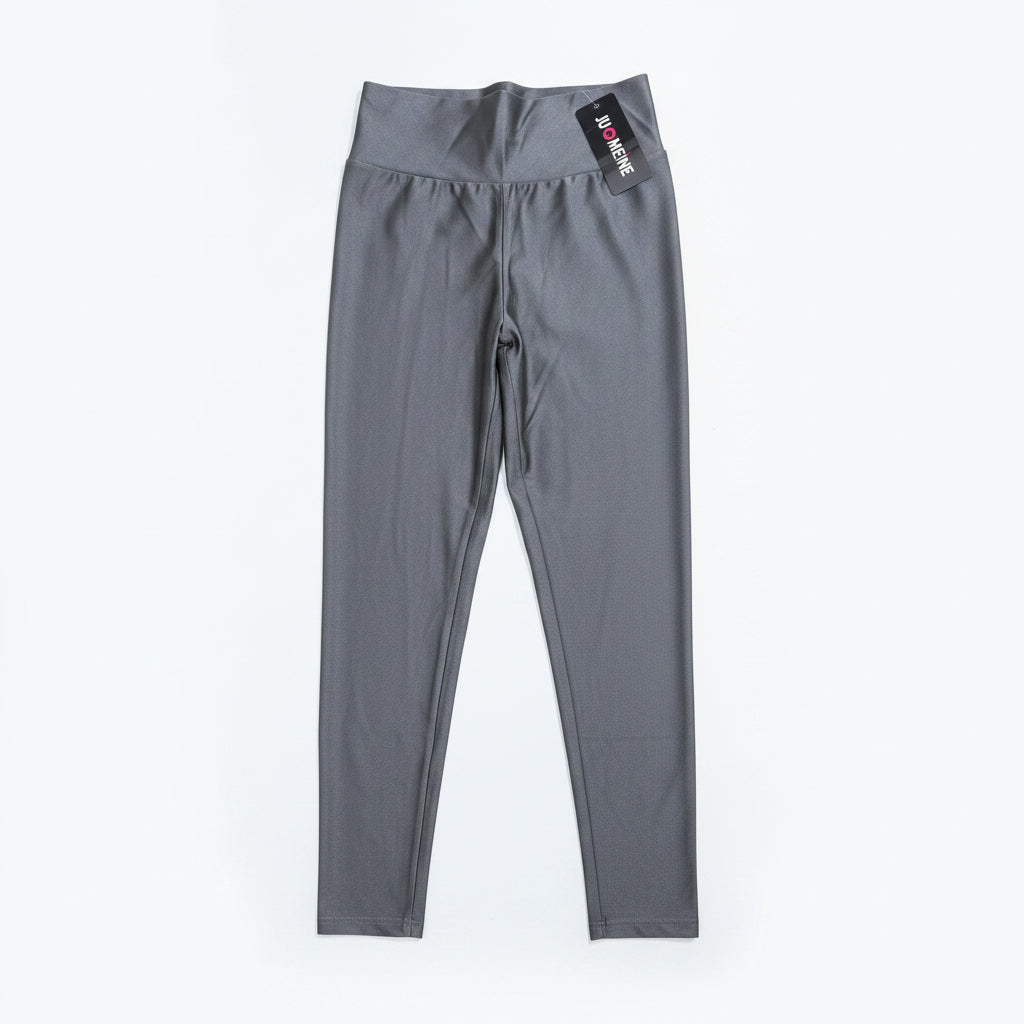 Gray leggings with a brand label on a white background